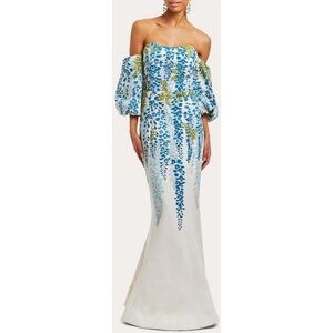 Mestiza Blue Liezel Off-shoulder Gown with Corset White & Blue Floral Sz 6